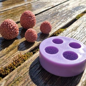 May include: A round, light purple silicone mold featuring four circular cavities with textured interiors, accompanied by four small, pink, bumpy, spherical objects that resemble lychee fruit, arranged in a cluster near the mold.