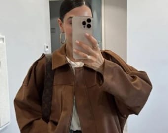 Women’s Oversize Suede Bomber Jacket – Trendy Long Sleeve Polo Collar Coat Mothers Day Gift