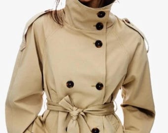 Women’s Short Beige Trench Jacket – Stand Collar, Belted, Relaxed Fit Mothers Day Gift