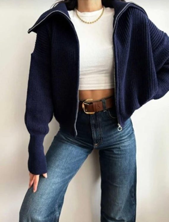 Deep Navy Knit Zip-Up Cardigan with Fold Collar, Mothers Day Gift, Girlfirend Gift