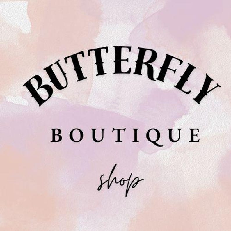 May include: A logo for a boutique shop, featuring the words "BUTTERFLY BOUTIQUE shop" in black font. The background has a watercolor effect with shades of pink and purple.
