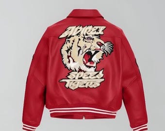 Kurtka bomberka Avirex Speed Tigers Red Leather, oryginalna skóra bydlęca Varsity