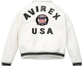 Chaqueta bomber de cuero Avirex USA, estilo retro universitario, con logotipo bordado.