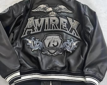 Chaqueta bomber de cuero negro Avirex, estilo urbano retro universitario