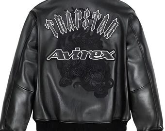 Chaqueta bomber Avirex Trapstar de cuero negro, auténtica piel de vacuno, estilo urbano universitario