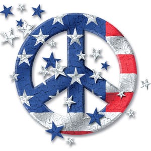 May include: A peace symbol in red, white, and blue, resembling the American flag. The symbol is surrounded by scattered stars in blue and white, creating a patriotic and artistic design.