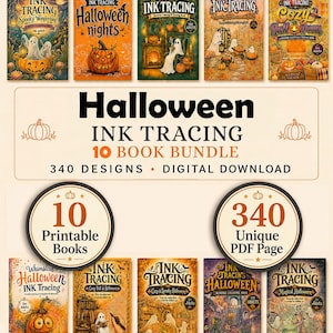 May include: A digital download bundle of 10 Halloween-themed ink tracing and reverse coloring books for adults, featuring 340 unique PDF pages. The collection includes various illustrated covers with ghosts, pumpkins, and seasonal scenes with text.