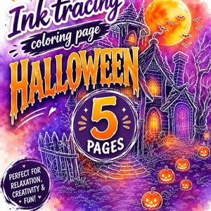 Peut inclure: Un ensemble de pages de coloriage numériques comprenant cinq pages sur le thème d'Halloween. L'illustration montre une maison hantée, une pleine lune, des chauves-souris et des citrouilles. Le texte indique : Ink tracing coloring page HALLOWEEN 5 PAGES.