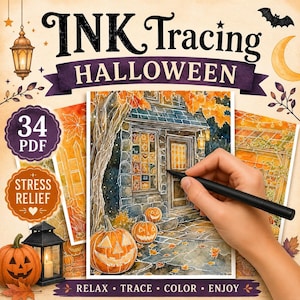 May include: A digital Halloween ink tracing activity set featuring 34 PDF pages for stress relief. The cover displays a watercolor-style illustration of a stone cottage with jack-o'-lanterns, autumn leaves, and a hand using a black stylus.