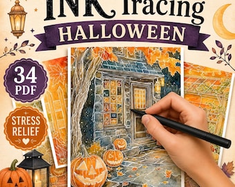 Disegni da ricalcare autunnali e di Halloween / Disegni da colorare da ricalcare stampabili / Download digitale rilassante per il ricalco a inchiostro