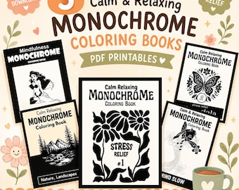 Monochrome Coloring Book Bundle – 150+ Pages, Stress Relief (PDF Printable)