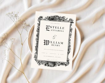 May include: A vintage-style wedding invitation with ornate black border. The invitation features the names "Estelle Annabell" and "William Henry" in elegant typography. The invitation is on a cream-colored background.
