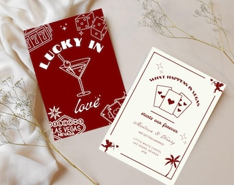 Las Vegas Wedding Invitation: Red & White, Lucky in Love (Editable Canva Template, Instant Download)