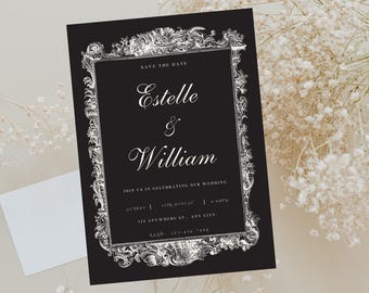 Gothic Vintage Wedding Invitation Template, Elegant Black Save the Date, Victorian Wedding Invite, Editable Canva Digital Download