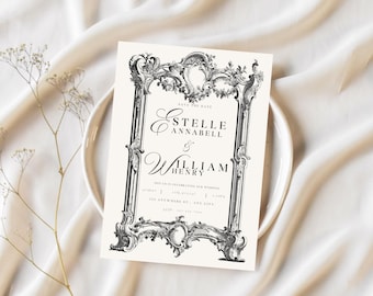 Vintage Gothic Wedding Invitation Template, Victorian Wedding Invite Set, Dark Elegant Wedding Details Card, Editable Canva Download