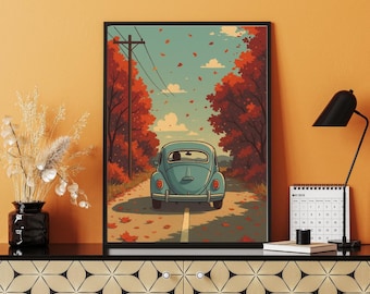 Autumn Road Retro Blue Beetle Art Print | Scandinavian Decor (Digital Download)