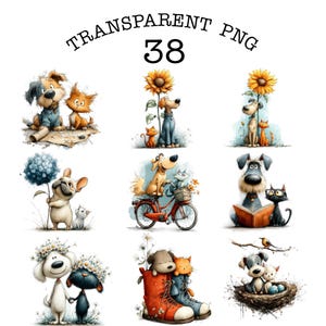Könnte beinhalten: Eine Sammlung von 38 digitalen Illustrationen mit verschiedenen Hunden und Katzen in unterschiedlichen Szenarien, darunter beim Fahrradfahren, mit Sonnenblumen, beim Lesen eines Buches, mit Blumenkränzen und beim Ausruhen in einem Stiefel oder Nest.