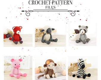 May include: A collection of six crocheted stuffed animals including a red fox, a white sheep, a gray raccoon, a pink pig, a brown monkey with a flower, and a black and white zebra. The text CROCHET PATTERN FILES is displayed at the top.