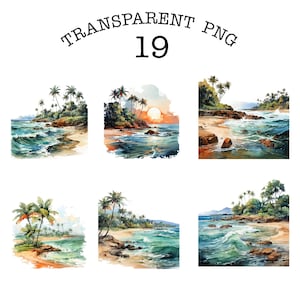 May include: A collection of 19 digital watercolor illustrations featuring tropical beach scenes with palm trees, rocky coastlines, and ocean waves. The images display various coastal landscapes, including sunset views and sandy shores, labeled as TRANSPARENT PNG 19.