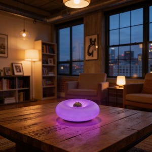 May include: A glowing, donut-shaped lamp with a metallic sphere in the center sits on a wooden table. The lamp emits a soft purple light, illuminating the table and casting a warm glow in the room. The room has a cozy, inviting atmosphere.