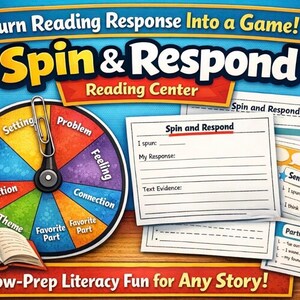 以下が含まれることがあります： 「キャラクター」や「設定」などの読解用語がラベル付けされたカラフルなホイールを備えた読書センターゲーム。ゲームには、回答シート、文章スターター、パートナーのトークカードが含まれています。テキストには「読書への反応をゲームに変えよう！」と「Spin & Respond Reading Center」と書かれています。