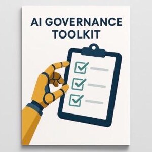May include: A white background with the text "AI GOVERNANCE TOOLKIT" in dark blue. A yellow and blue robotic hand points to a dark blue clipboard with three check marks.
