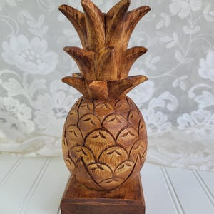 Vintage 9.75" Hand Carved Wood Pineapple Decor, Welcome Hospitality Sculpture, Indonesia