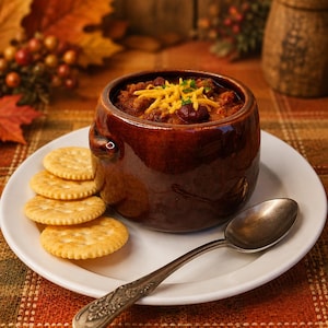May include: A dark brown ceramic bowl filled with chili topped with shredded yellow cheddar cheese and green herbs, served on a white plate with four round crackers and a silver spoon with an ornate handle design on the stem.