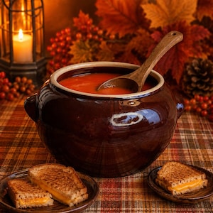 May include: A dark brown ceramic pot filled with smooth orange tomato soup and a wooden ladle, accompanied by two small plates each holding a toasted grilled cheese sandwich with melted yellow cheese, set against a warm autumn-themed background.