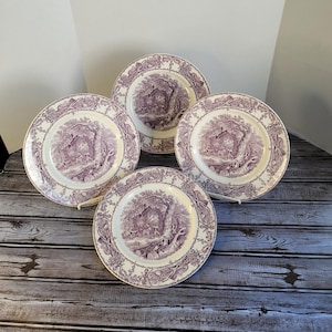 Antique Rural Scenes, Purple Transferware, Clarice Cliff, set of 4, 10 inch plates.