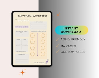 Planejador de Estudos/Trabalho para TDAH | Planejador Digital para Impressão | Foco e Produtividade | Guia de Estudo Diário | Download Instantâneo