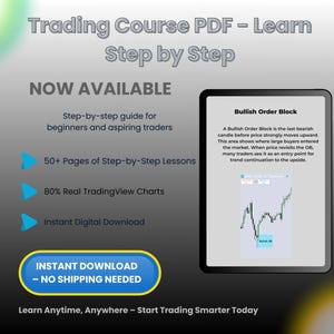 Peut inclure: Publicité numérique pour un cours de trading. L'image présente une tablette affichant un graphique "Bullish Order Block", avec du texte soulignant les leçons étape par étape, les graphiques de trading réels et le téléchargement numérique instantané. Le texte dit "Trading Course PDF - Learn Step by Step".