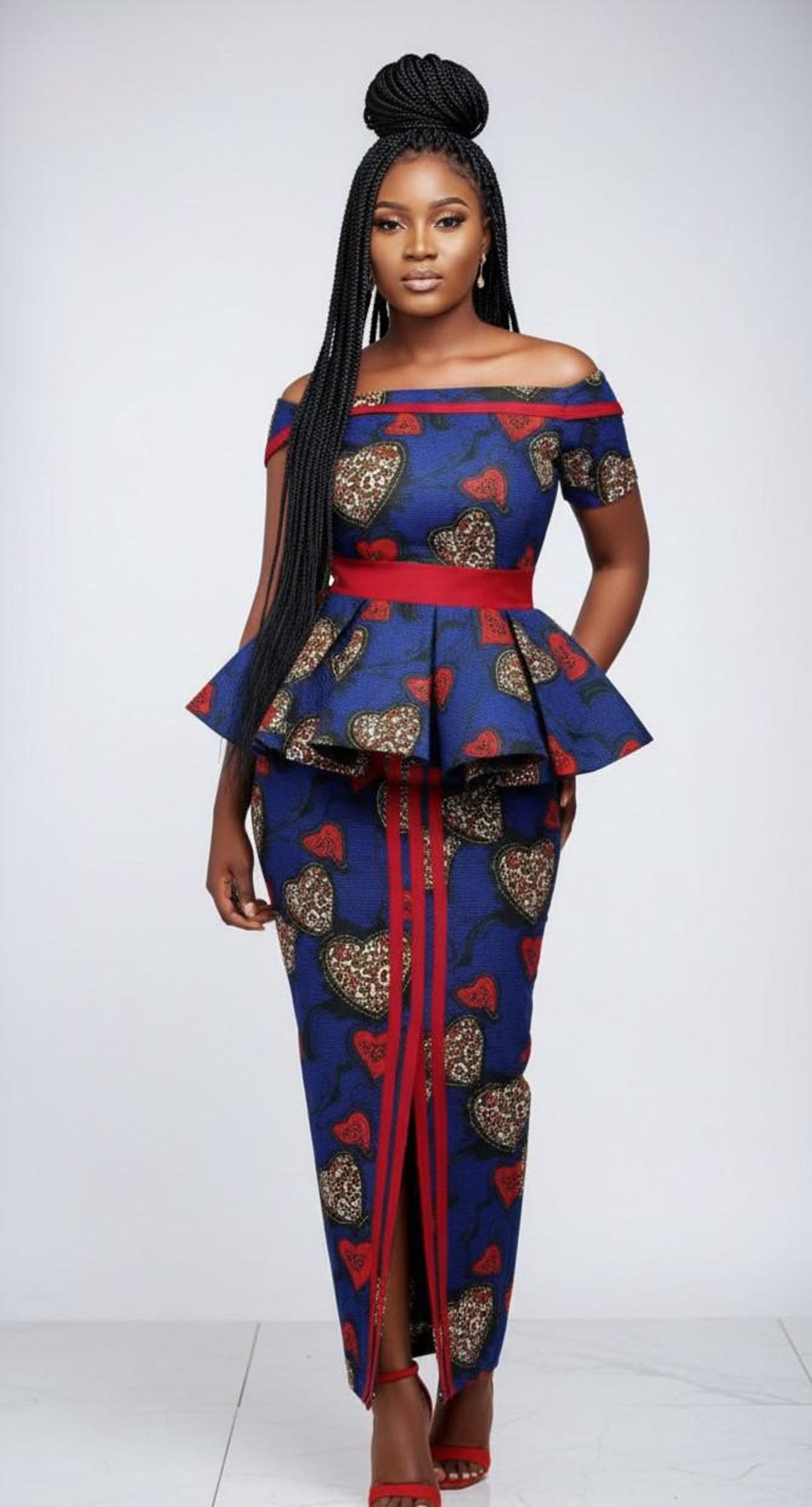 SOPHISTICATED PEPLUM DRESS アメリ　ameri Elegant Ankara Off-shoulder Peplum Top and High-slit Maxi Skirt