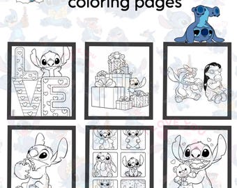 Könnte beinhalten: Ein Bild mit 70 Lilo & Stitch Malvorlagen. Das Bild zeigt sechs gerahmte Malvorlagen mit Stitch, zusammen mit dem Text "Lilo & stitch 70 coloring pages". Der Hintergrund hat ein sich wiederholendes Muster von Stitch und den Worten "I love you".
