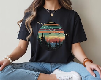 Forest Themed Shirt, Retro Pine Trees Sunset Shirt, Adventure Shirt, Nature Lover Gift, Camping Gift Shirt, Retro Forest Shirt,Outdoor Shirt