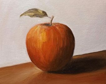 Hand Painted Oil Painting, Original Art, Red Apple Still Life, Kitchen Decor, Fruit Painting, Gift