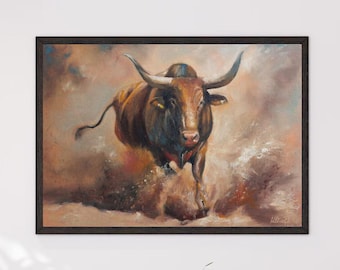Original Bull Oil Painting on Canvas: Farmhouse Animal Wall Art