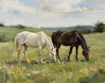 Commission Oil Portrait, Grazing Horses, Hand Painted Rural Landscape, Soft Impressionism