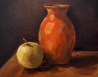 Original Oil Painting Still Life, Apple and Vase Art, Kitchen Wall Decor, Food Painting