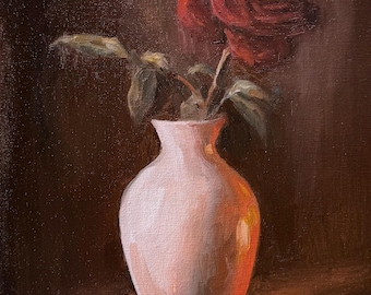 Original Oil Painting, Red Rose in Vase, Floral Still Life Hand Painted Fine Art on Canvas, Gift for Wife