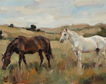 Custom Oil Portrait From Photo, Horses in Pasture, Hand Painted Equine Art, Horse Family