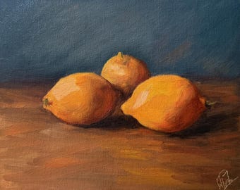 Original Oil Painting Lemons, Hand Painted Art, Still Life, Kitchen Decor, Food Painting, Gift
