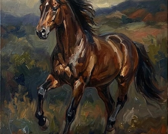 Custom Hand Painted Oil Painting, Seal Brown Horse Portrait, Moody Original Canvas Art