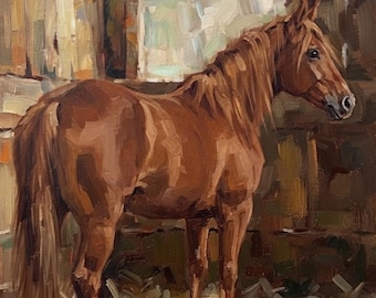 Custom Horse Oil Painting, Stable Horse Portrait, Entirely Hand-Painted, Rustic Wall Decor