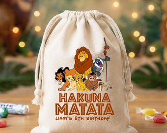 Personalized Hakuna Matata Lion King Birthday Favor Bags Safari Jungle Party Gift Sack Custom Cotton Drawstring Goodie Bag Gift for Kids