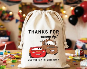 Personalisierte Racing Film Kindergeburtstagsparty Baumwollbevorzugungstaschen - individueller Name Meilenstein Thema Goodie Bag für Jungen 4. 5. Feier Geschenk