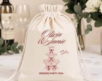 Personalized Wedding Favor Bags: Cotton Drawstring Pouch, Champagne Tower