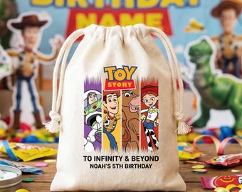 Personalized Toy Story Birthday Favor Bags Custom Name Canvas Treat Pouches Kids Party Supplies Drawstring Goodie Pouch Buzz Woody Favors