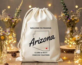 Personalisierte Gastgeschenktüten für Arizona-Hochzeiten, Geschenkpapier mit Umriss des Bundesstaates auf Canvas, Junggesellinnenabschieds-Kater-Set aus Phoenix, Willkommensgeschenktüte für Reiseziele