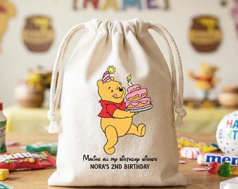 Winnie Pooh Birthday Favor Bag Personalized Disney Theme Party Goodie Bags Custom Kids Cotton Treat Pouch Toddler Milestone Gift Sack Supply